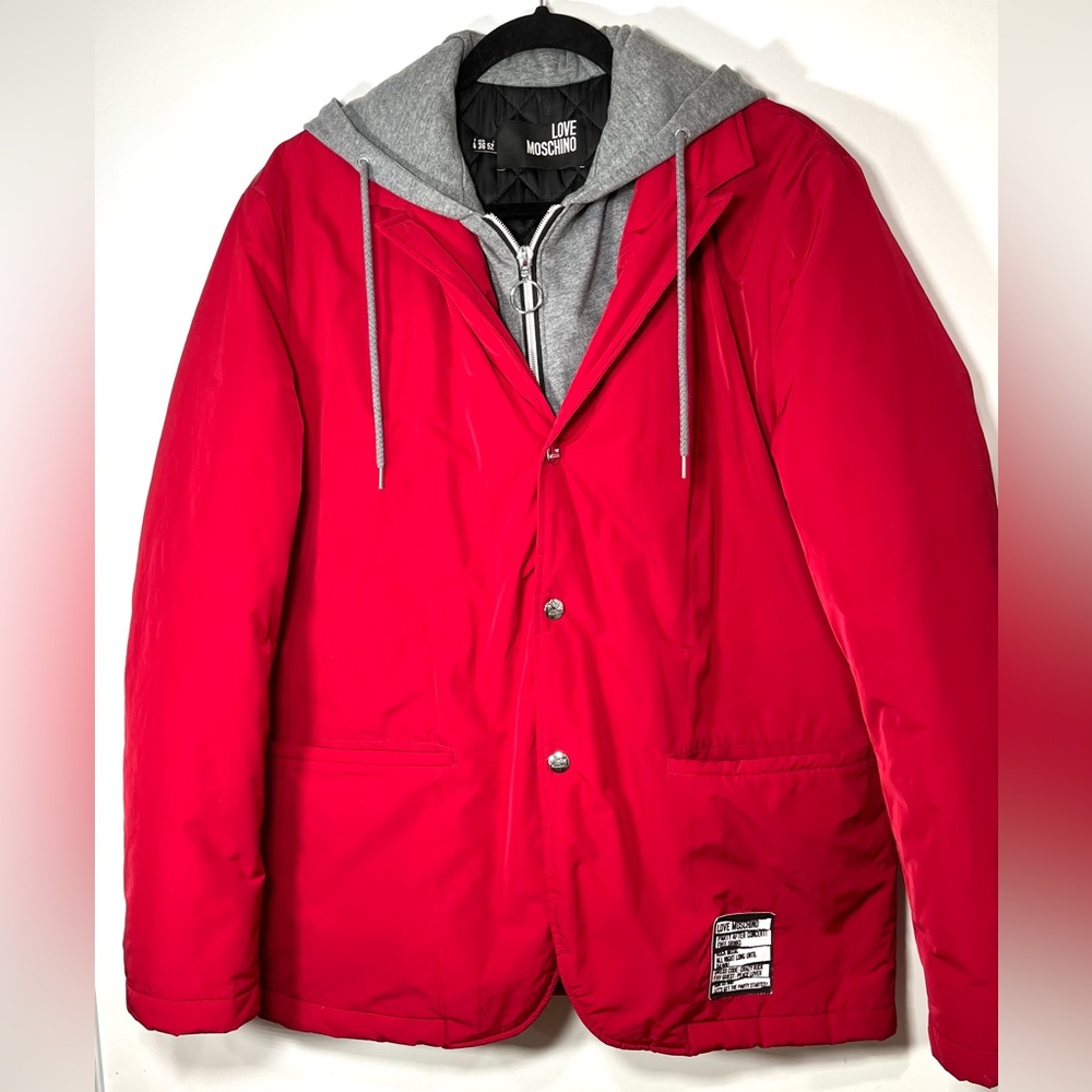 Love Moschino red puffer insulated hoodie jacket coat unisex Large zipper button